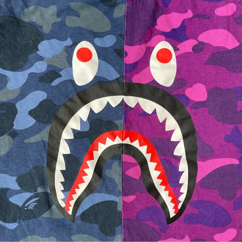 A BATHING APE Split Shark Camo T-Shirt Purple Blue WGM Graphic Tee Medium - Picture 10 of 11